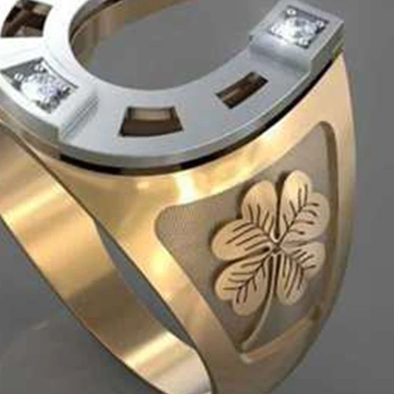 Wedding Ring Trendy Gold Colors Horseshoe U-shaped Creative Vintage Men Luxury Crystal Four Leaf Clover
