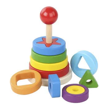 

Children's wooden stacked rainbow tower blocks Montessori early learning geometric shape matching assembled educational toys
