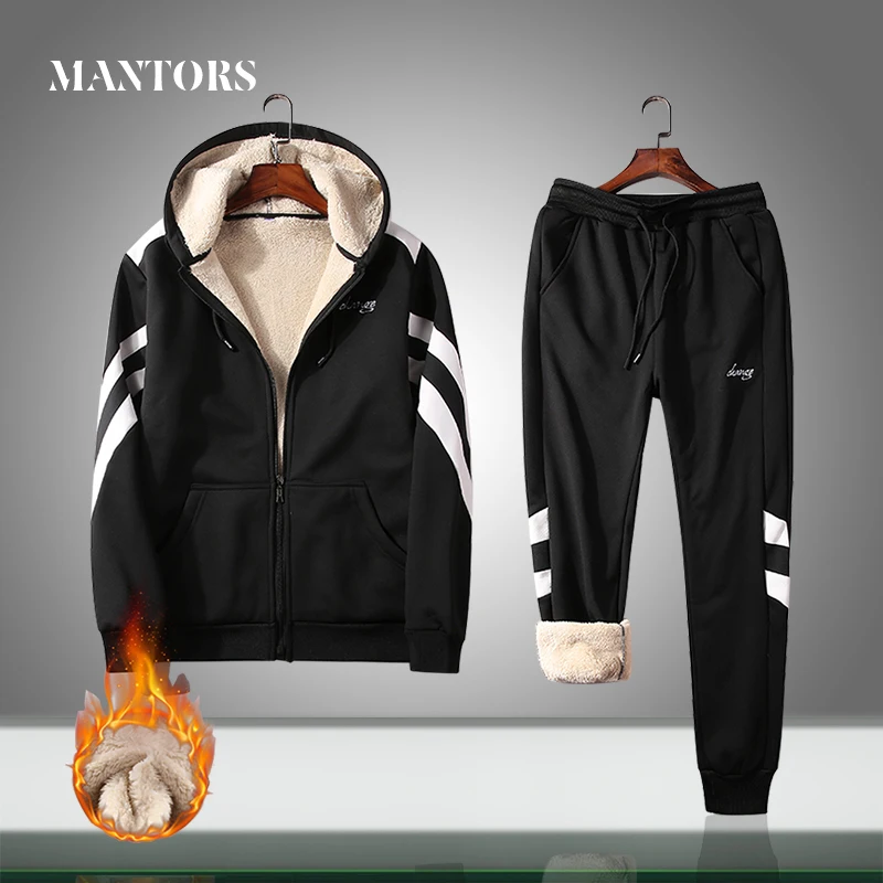 Hoodies Tracksuit Jacket Pants Men-Sets Zipper Winter Mens Warm Thick Lambswool 7XL Plus-Size
