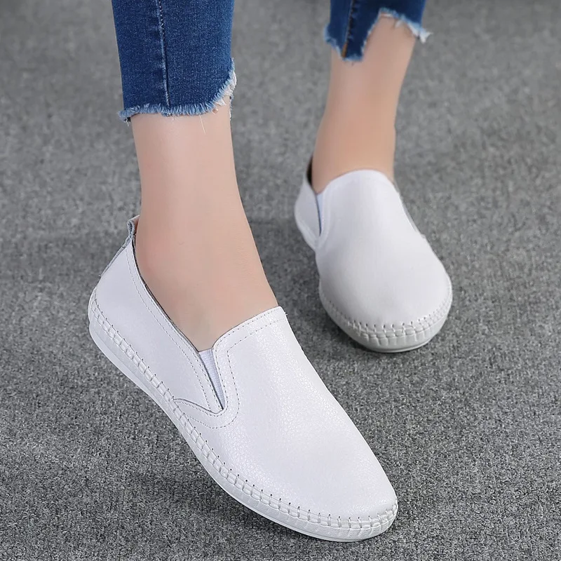 

2020 Spring New Style WOMEN'S Shoes Genuine Leather Foot Covering Loafers Handmade Sewing Flat Casual Shoes White Shoes