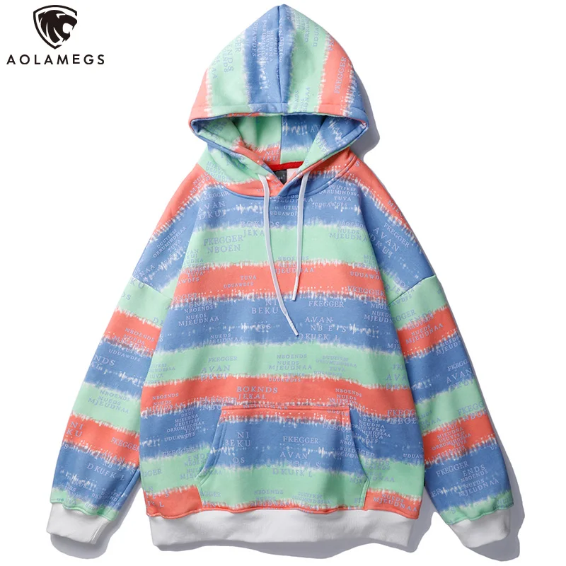 

Aolamegs Hoodies Men Cute Striped Print Sweatshirt Harajuku Soft Fleece Hooded Thick Pullover College Style Streetwear Autumn