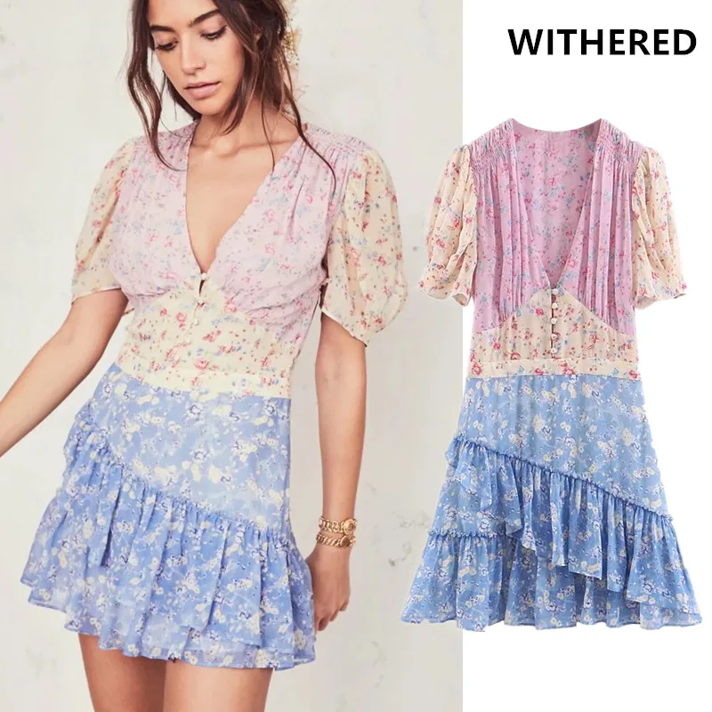 

Withered bohemian vintage dress women vestidos fashion blogger floral print ruffles vneck vestidos de fiesta de noche mini dress
