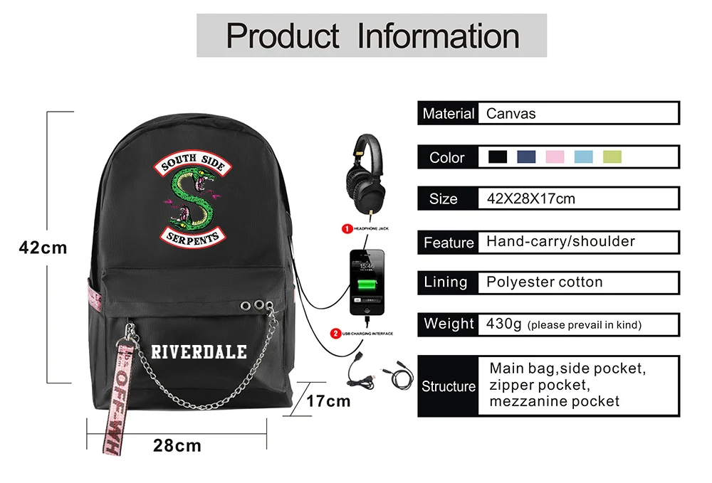 Ривердейл southside модный рюкзак для подростков мальчиков/девочек Школьные мешки водонепроницаемые Оксфорд USB зарядка женщин/мужчин рюкзак школьный