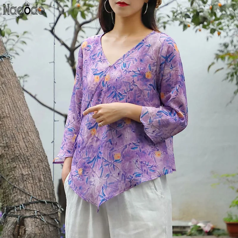 

Nagodo Chinese Blouse 2020 Origional Summer V Neck Print Chinese Style Zen Tea Hanfu Top Vintage Linen Loose Chinese Shirt