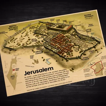 

Jerusalem City Map Classic Vintage Retro Kraft Decorative Poster Maps Home Bar Posters Wall Canvas Painting Sticker Decor Gift