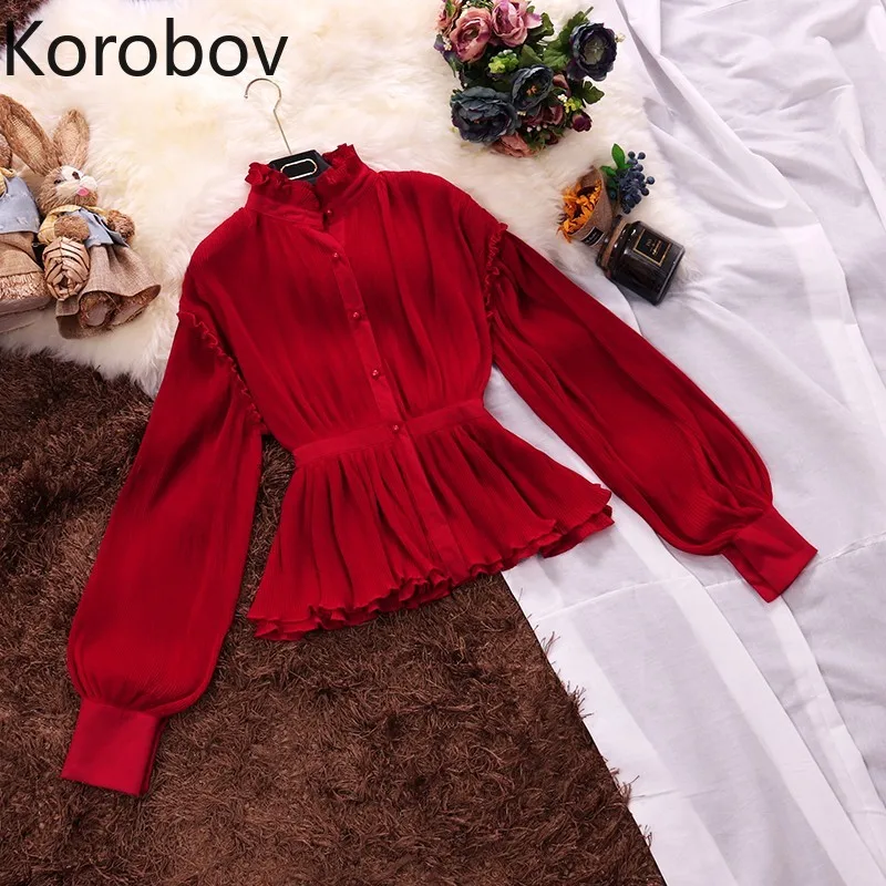 

Korobov Spring Summer New Women Long Sleeve Blouses Vintage Stand Collar Elegant Shirts Single Breasted Ruffles Blusas 79627