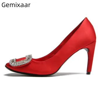 

Red Satin Scrapin Heel Pumps Slim Shallow Decor Diamond Buckle Office Spring Footwear Comfy Round Toe Kitten Heel Pumps Women