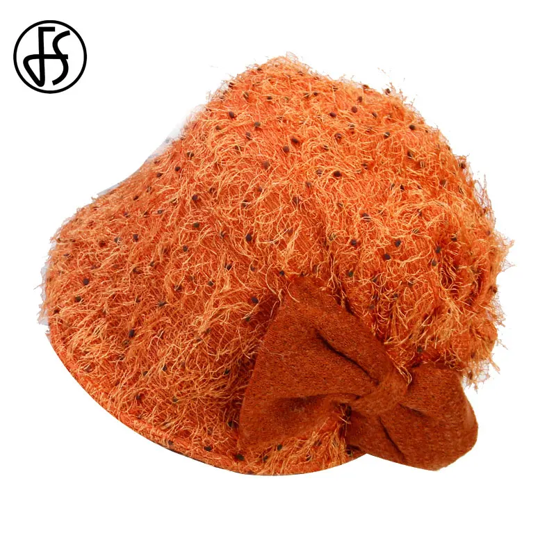 Женская шерстяная Панама FS складывающаяся шапка с бантом синего оранжевого или