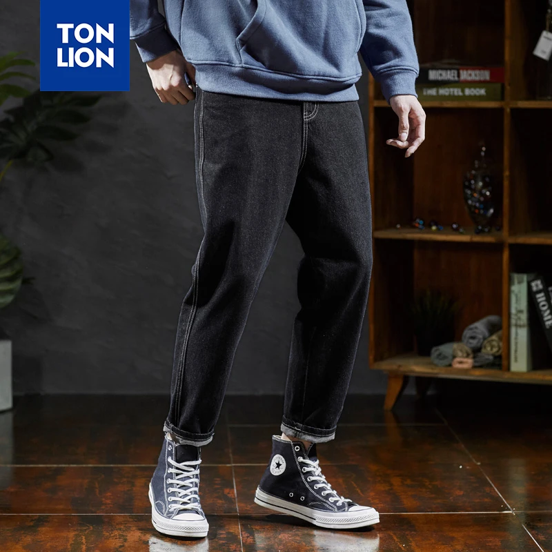 

TONLION Spring Mens Jeans Brand Regular Fit Solid Casual Pencil Pants Fashion Ankle Closure Black Jeans for Men Clothing 2020