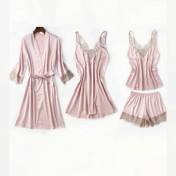 

Silk Pijama Mujer Pajamas Satin Sleepwear Sets Sleep Women Home Clothes Pyjamas Lace Patchwork Loungewear Pjs Set Pajama Shorts