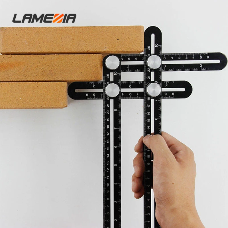 LAMEZIA 25cm Black Aluminum Alloy Four-Sided Measuring Ruler Template Instrument Angle Tool Slides Mechanism for Carpenter