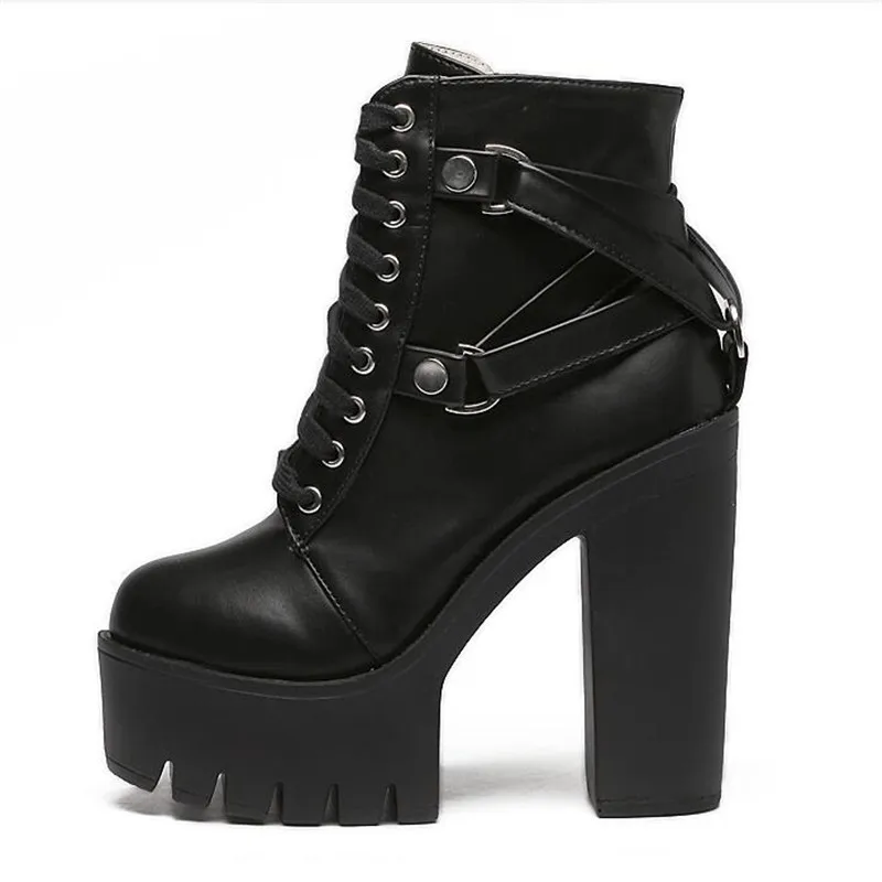 

Fashion Black Boots Women Heel Spring Autumn Lace-up Soft Leather Platform Shoes Woman Party Ankle Boots High Heels
