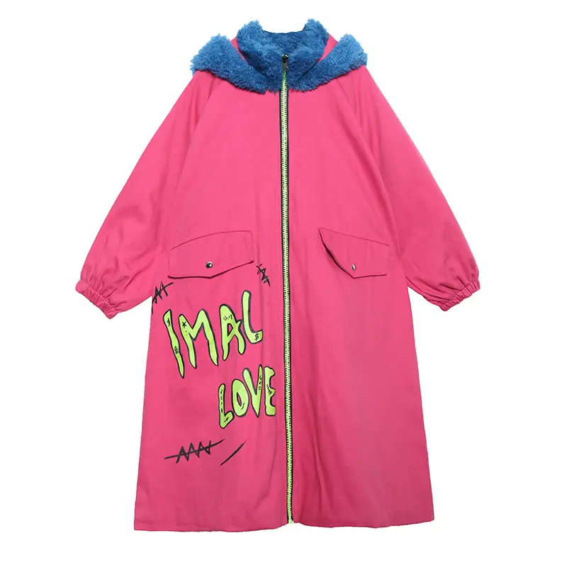 rosered GCC2884 XITAO Женский Тренч с буквенным принтом, модная новинка, зимнее пальто с капюшоном и воротником размера плюс, Элегантное маленькое пальто с карманом GCC2884 - Цвет: rosered GCC2884