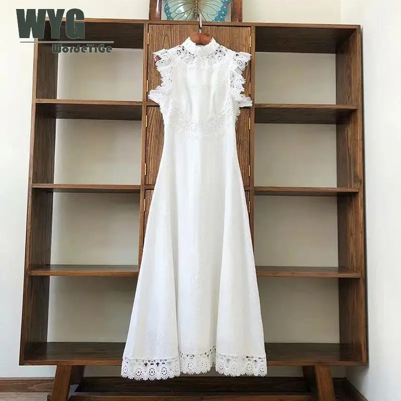 

Top Quality Holiday Style White Dresses Women 2020 Spring Summer New Cut Out Lace Patchwork Sleeveless Slim Long Dress