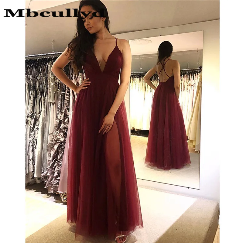 

Mbcullyd Sexy V-neck Burgundy Prom Dresses 2019 With High split Long Evening Dress Pageant For Women Cheap Sale Vestidos De Gala