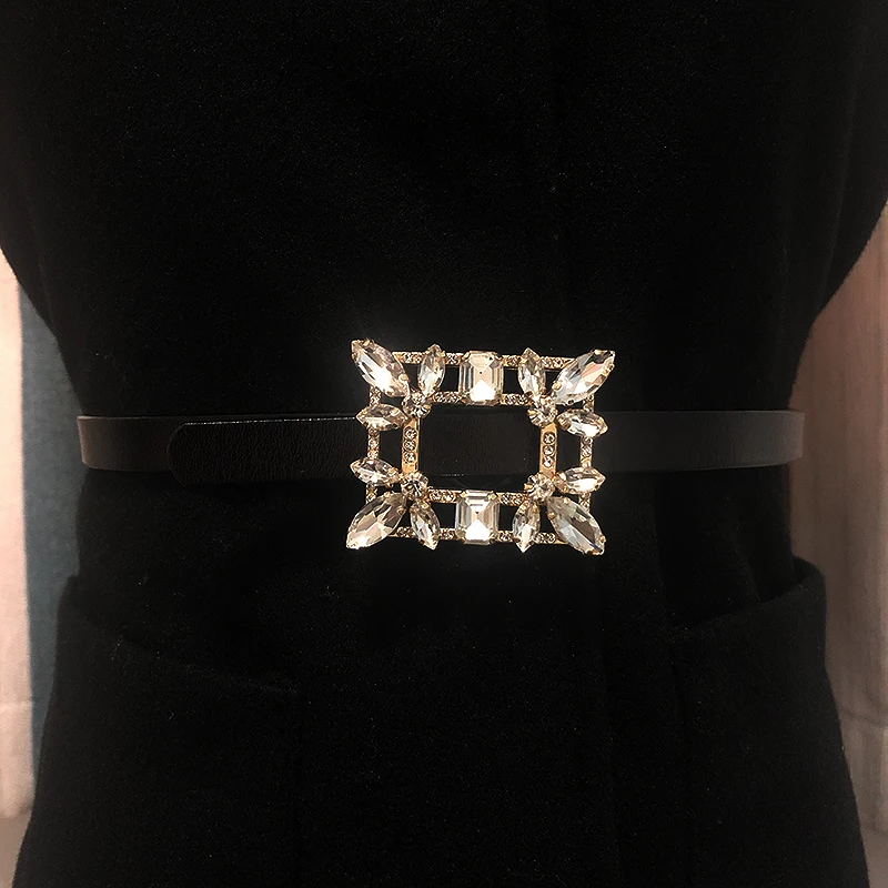 Fashionable glass diamond board buckle, two-layer leather thin belt, women's decorative coat, cardigan, versatile leather small gold waist belt Belts