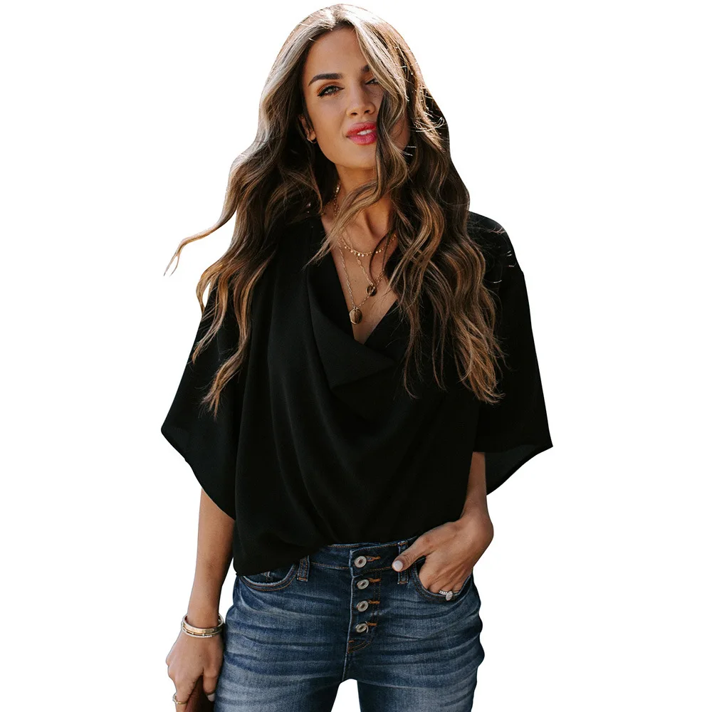 

Womens T-Shirts Cotton Office Lady Half Sleeve Solid Sexy V-Neck Tops Shirts Casual 2020 New Loose Korean Clothing Summer Shirts