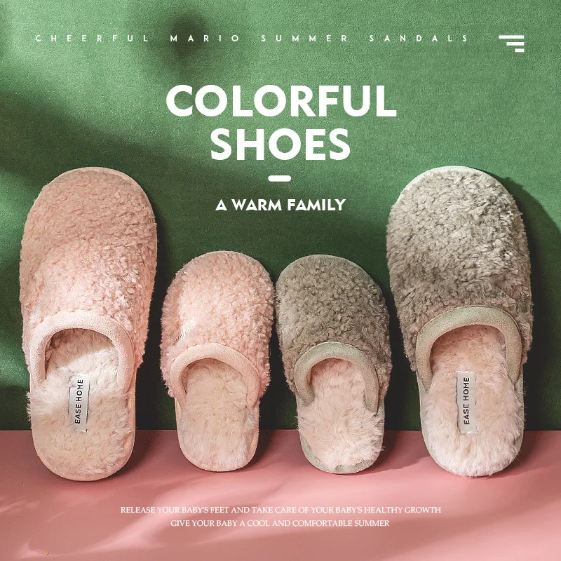 

Swonco Furry Slippers Shoes Children Winter Warm Fur Home Shoes 2020 New Parent-Child Flat Slippers Warm Snow Slides