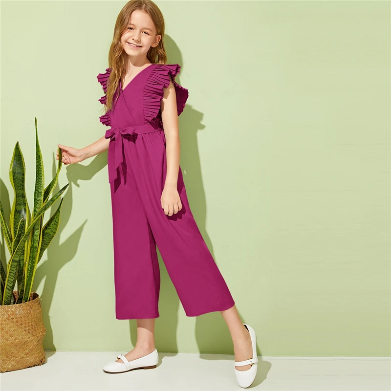 SHEIN Kiddie, v-образный вырез, плиссированные проймы, для отдыха, с поясом, комбинезоны для девочек,, летние, без рукавов, с оборками, широкие, Комбинезоны