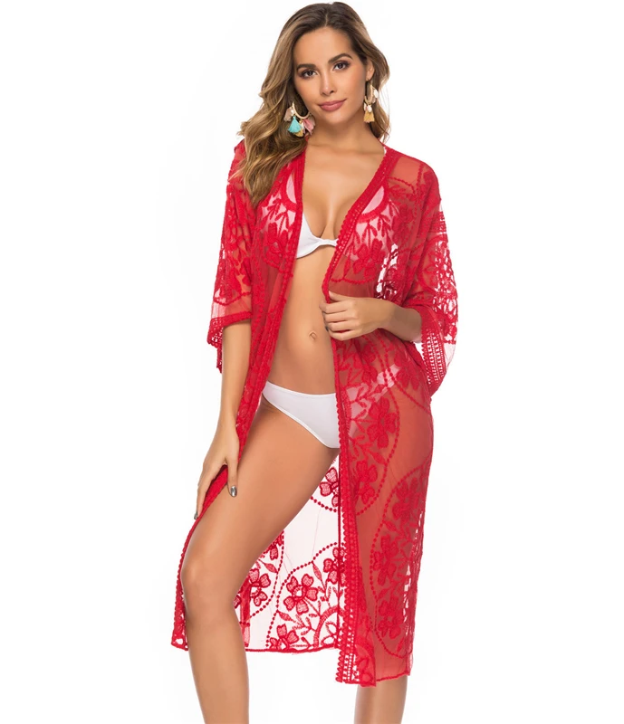 bathing suit cover Women Bikini Cover-Up Floral Lace Mesh Cardigan Sexy Out Wear See Through Beach Rash Guard for Swimming Watersports Vacationing bikini and cover up set Cover-Ups