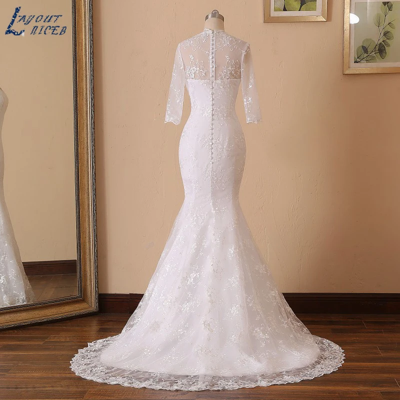 YQS015 Vestido De Noiva сексуальное платье с открытой спиной и v-образным вырезом, свадебное платье русалки, кружевное свадебное платье с длинными рукавами