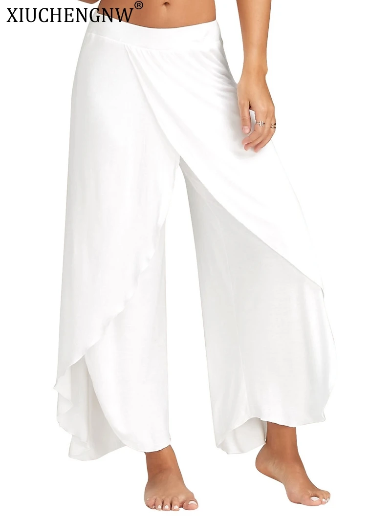 

Women Beach Split Pants Trousers Boho Gypsy Hippie Women Wide Leg Elastic Trousers Plus Size Loose White Silk Ladies Dance pants