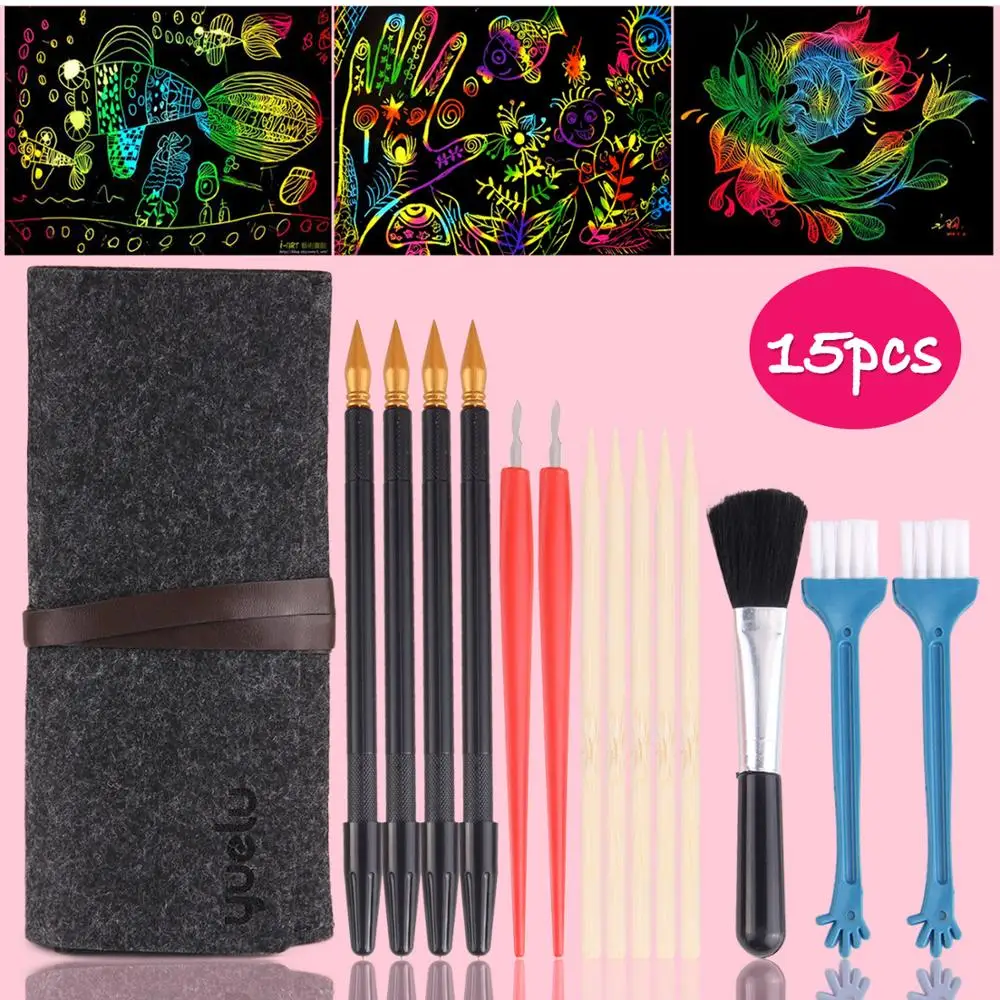

Kids 14PCS Scratch Tools Toy with Felt Storage Bag Scratch Paper Pens Bamboo Sticks Scraper Repair Scratch Pen Black Brush