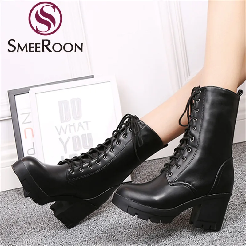 

Smeeroon big size 34-43 fashion ankle boots women round toe lace up autumn winter boots square high heels ladies platform boots
