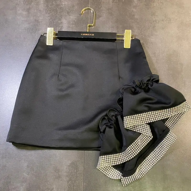 

Temperament Mini Skirt for Women 2020 Summer New Rhinestone Shiny Stereo Flower Design A- Line Skirt Night Club Ladies Skirts