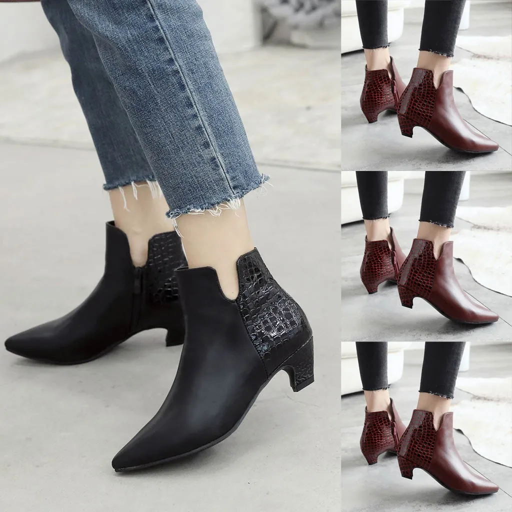 

35#women's winter boots Pointed Toe Stitching Ankle Bare Boots Square Heel Casual Booties Crocodile pattern ankle boots zapato