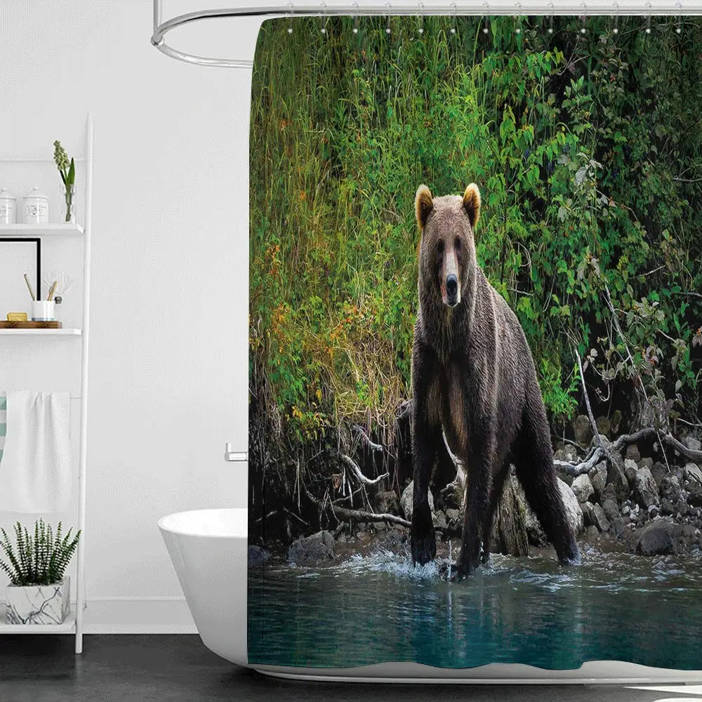 

Shower Curtains for Bathroom Tropical Cabin Decor,Grizzly Brown Bear in Lake Alaska Untouched Forest Jungle Wildlife Image,Green