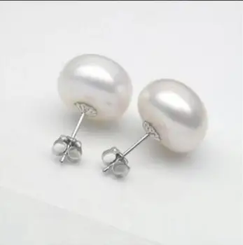 

free shipping CHARMING 11-12MM NATURAL WHITE SOUTH SEA BUTTON PEARL STUD EARRING EN @ 925silver