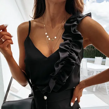 Women Summer Blouse Shirts Sexy V Neck Ruffle Blouses Backless Spaghetti Strap Office Ladies Sleeveless