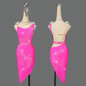 

2020 New Latin Dance Dresses For Women Rose Red Shiny Rhinestone Tango Salsa Ballroom Compete Costumes Kids Dresses For Girls