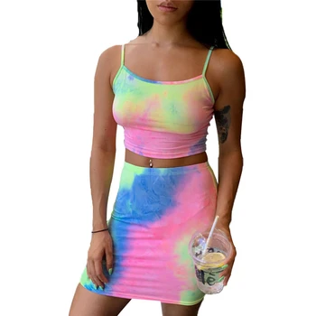 

2020 Fashion Women's Sexy 2 Piece Outfits Casual Tie Dye Printed Spaghetti Strap Crop Top Bodycon Skirt Set Summer New Suits