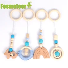Fosmeteor – anneau de dentition en fil de coton, 4 pièces, attache sucette en bois, hochet Mobile, jouets poussette, cloche de lit pour bébé, cadeau 