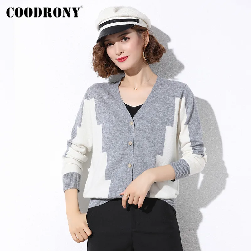 COODRONY Brand V-Neck Soft Wool Geometric Cardigan Woman 2020 Autumn Winter Streetwear Knitted Casual Slim Sweater Female W1048