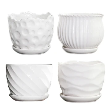 

Set of 4 White Flower Pots-5.5-Inch Cylindrical Ceramic Flower Pots with Attached Saucers, Flower Pots for Kissing and Little Sn