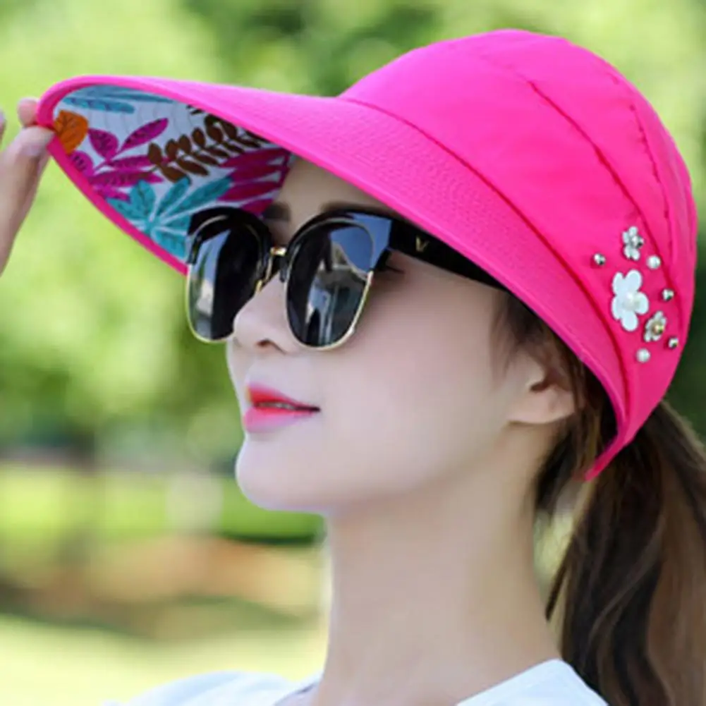 Women Peaked cap Print Wide Brim Beads Flower Decor Sun Hat Visors