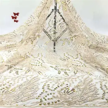 

Beige 5 Yards Tulle Embroidered Mesh Lace Fabric African Dry Lace Fabric High Quality Sequined Lace Fabric For Party Dress 1798