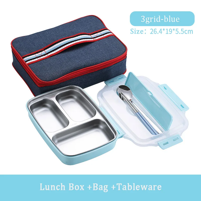 BLUE-3-BAG EIMAI детский Ланч-бокс из нержавеющей стали 304 Bento Ланч-бокс с отсеком посуда контейнер для микроволновой печи - Цвет: BLUE-3-BAG