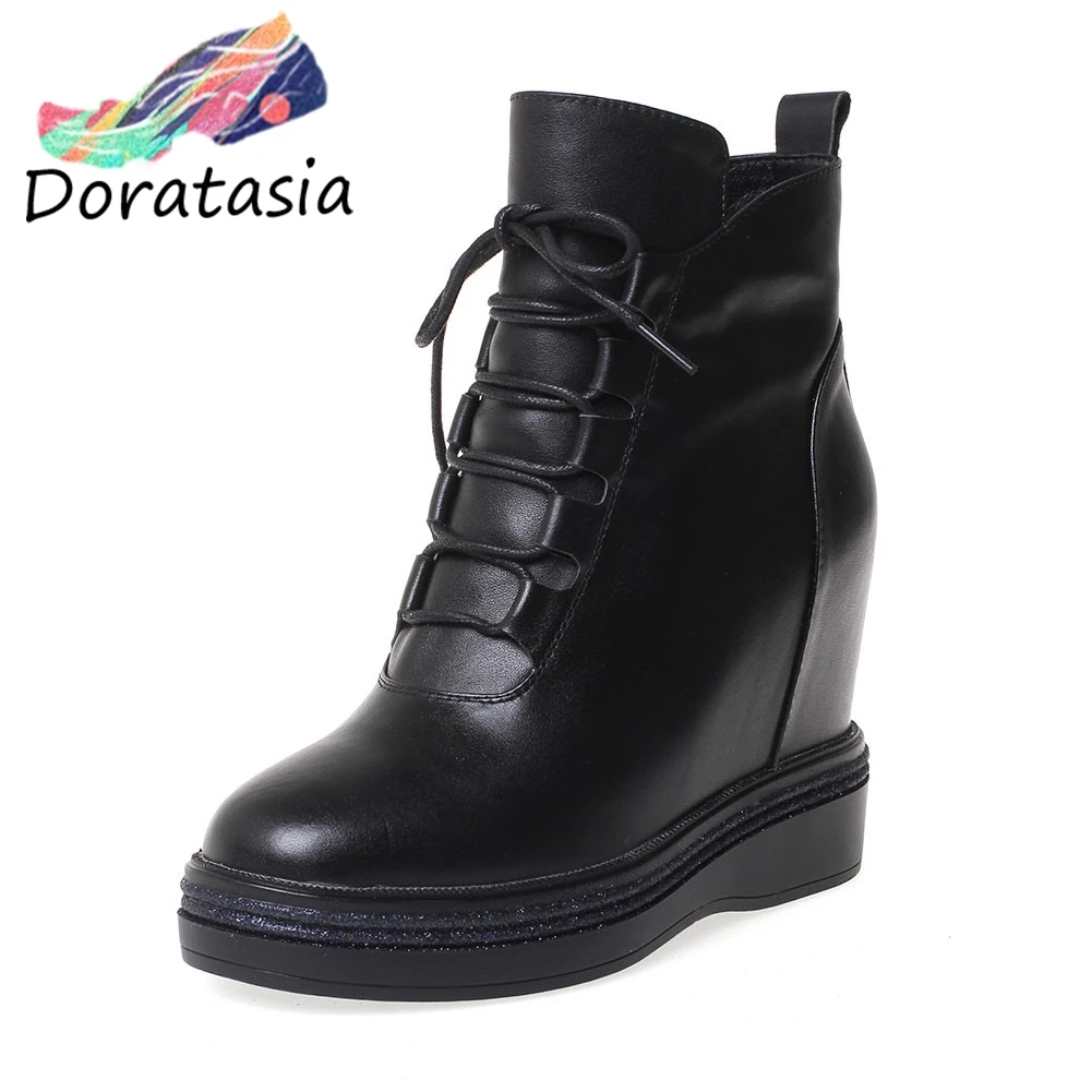 

DORATASIA 32-40 Elegant Height Increasing Booties Ladies Black Genuine Leather Ankle Boots Women 2020 Platform Shoes Woman