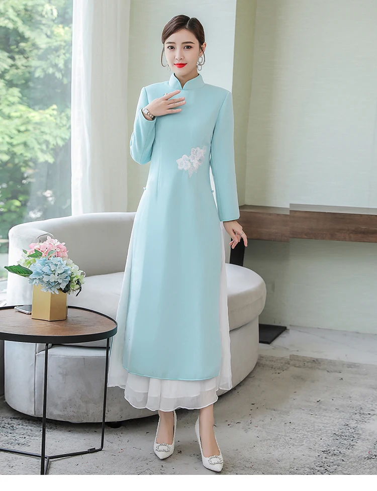Народный стиль Вьетнам Aodai Платья Женская Осень Зима вьетнамская одежда утолщенная Cheongsam Азия одежда Винтаж Ao Dai платье