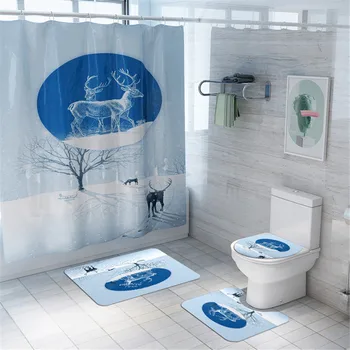 

Pattern Christmas Deer Shower Curtain Vintage Holiday Retro Snowflake Reindeer Shower Curtain Waterproof Polyester