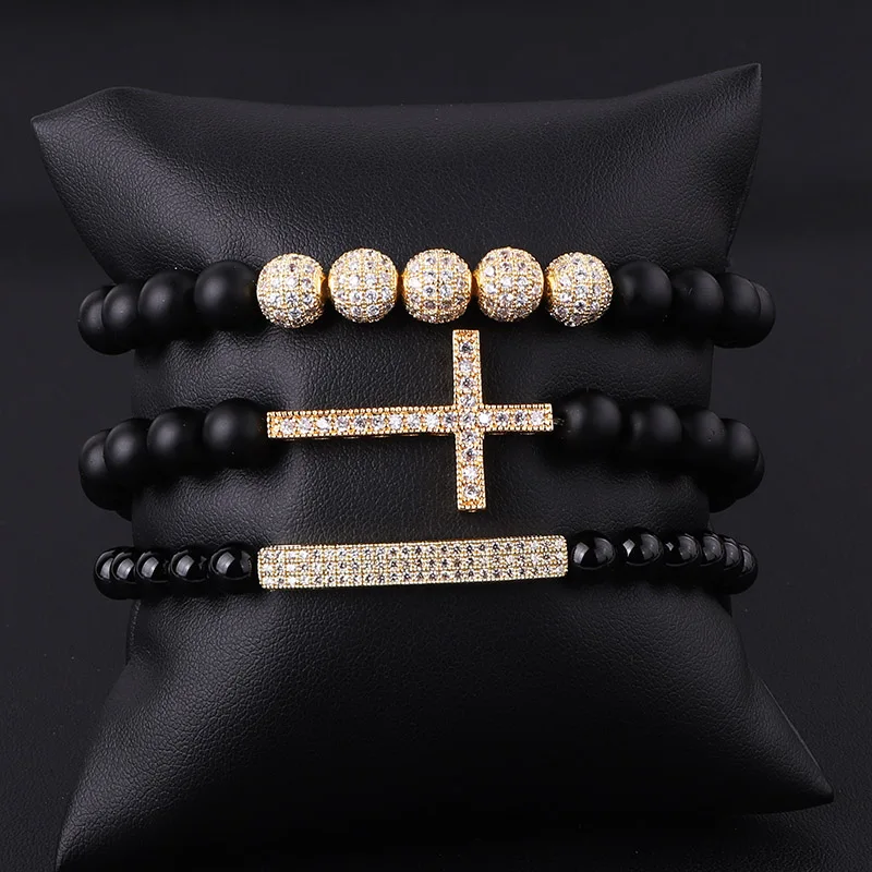 JARAVVI Natural Stone CZ Pave Cross Charm Matte Onyx Elastic Beads Bracelet Set Men Jewelry Gift