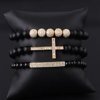JARAVVI Natural Stone CZ Pave Cross Charm Matte Onyx Elastic Beads Bracelet Set Men Jewelry Gift