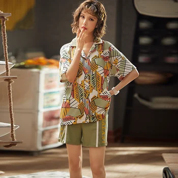 

2020 pure cotton women casual short sleeves printed pattern hawaii style sleepwear for summer