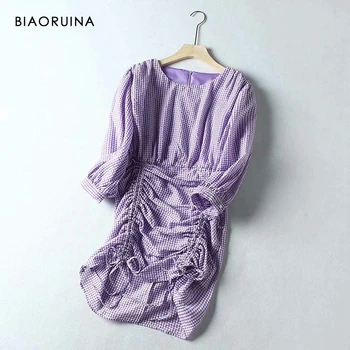 

BIAORUINA Women's Purple Plaid Fashion All-match Fold Stretchy Drawstring High Waist Round Neck Dress Vestido Back Zipper