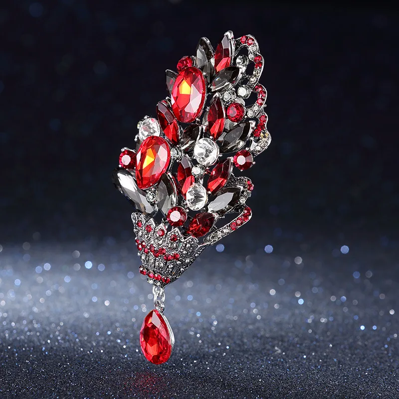 

Exaggeration Large Luxury Red Man-made Diamond Delicacy Brooch Flower Retro Gift Performance Ornament Elegant Shiny Korean-style