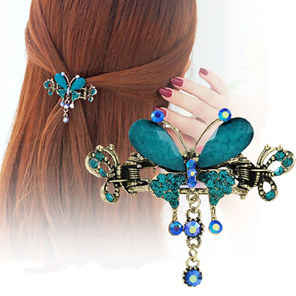 Rhinestone Crystal Alloy Jaw Hair Clips, Retro Butterfly Mini Hair Claw Clip Hair Accessories for Womens